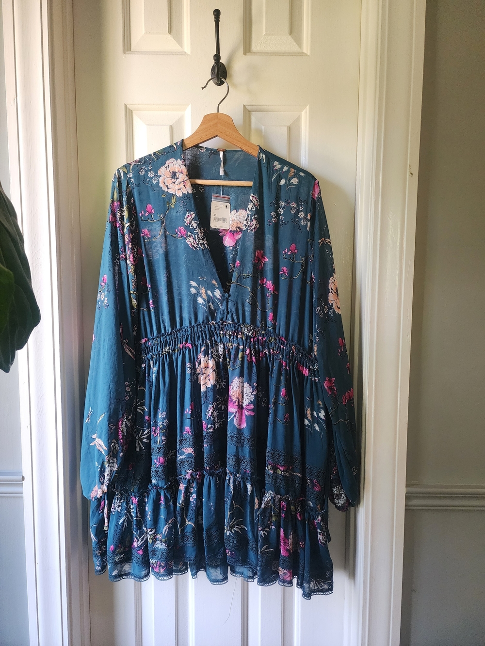 Free People Cherry Blossom Mini Dress in a deep teal floral print Medium